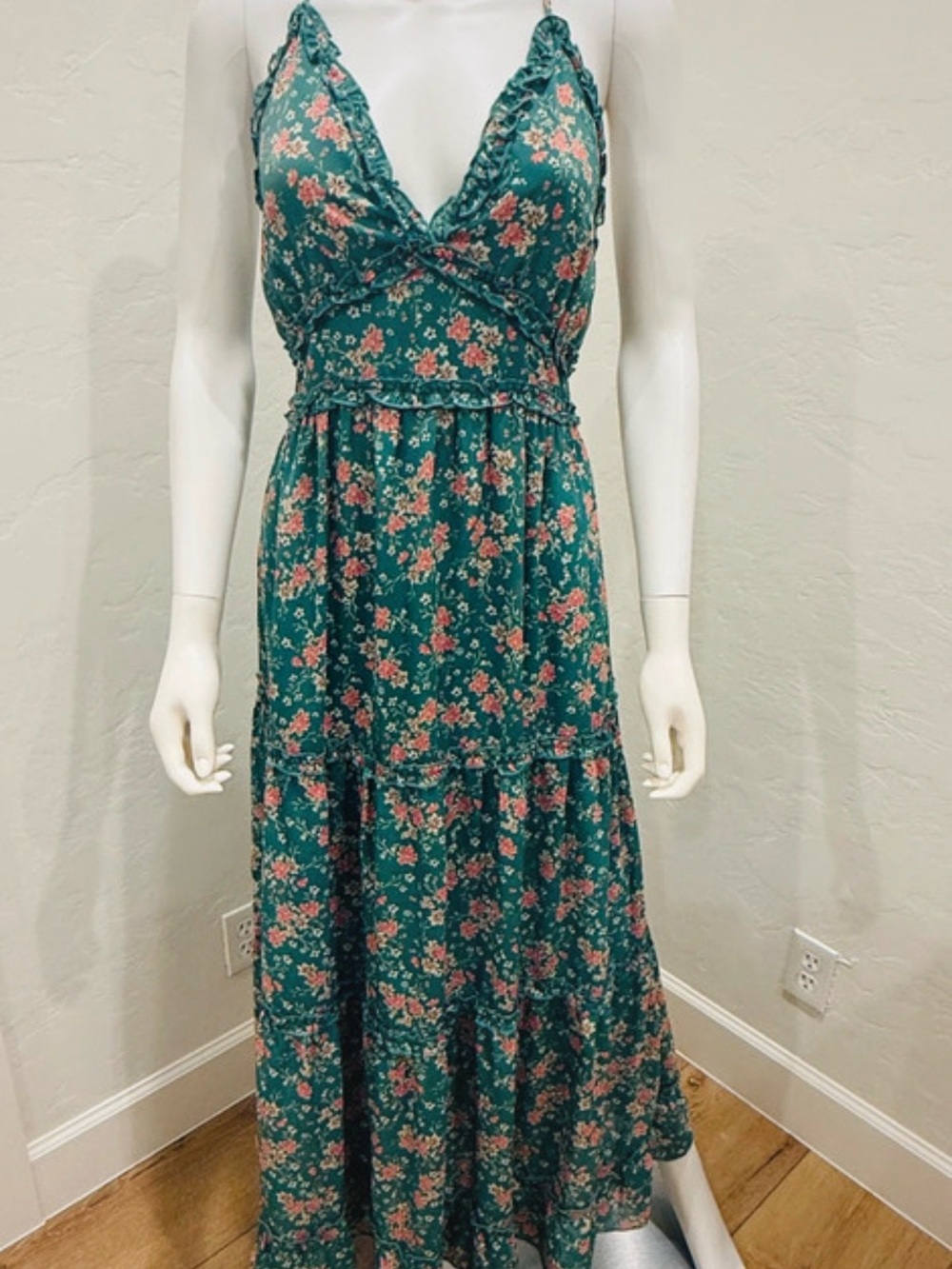 Magnolia Teal Floral Maxi Dress with Pink Blossom Print